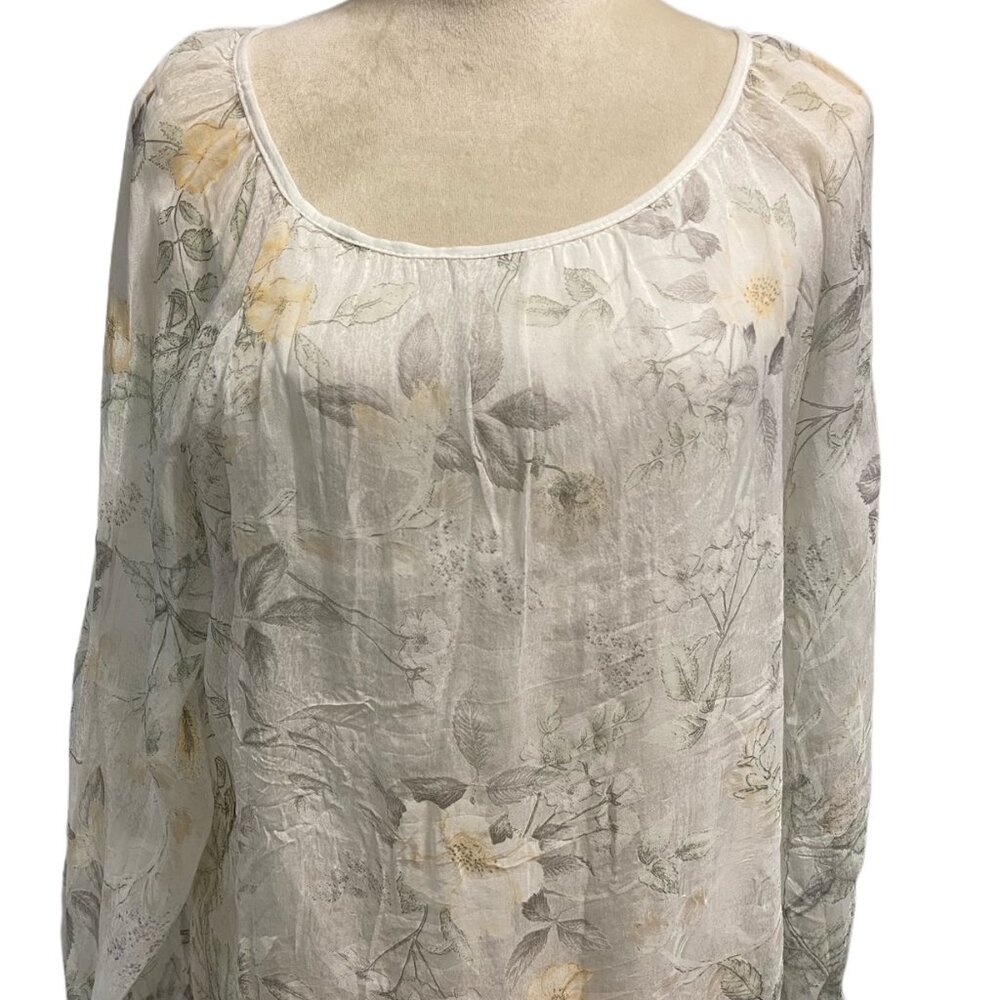 100% Italian Silk Elena Baldi Grey and Yellow Flowy Romantic Blouse, size S/M